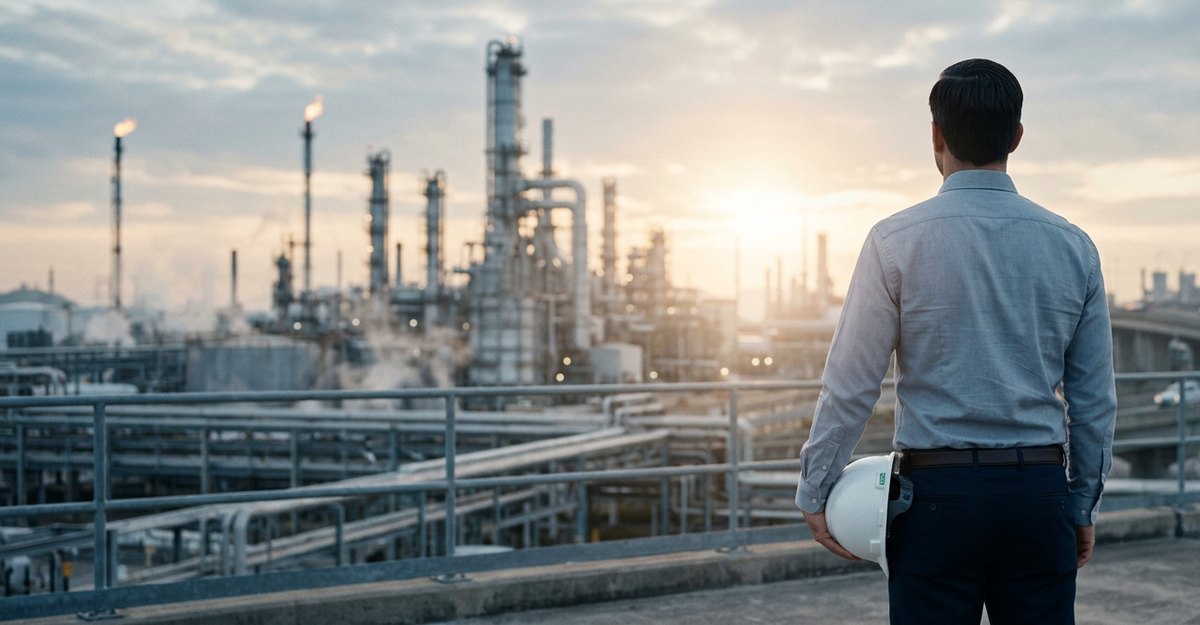 Engineer memandang fasilitas kilang minyak dan gas saat matahari terbit